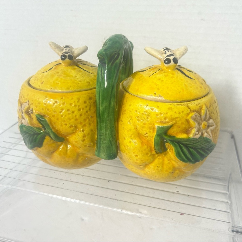 Vintage Yellow Lemon Bees Floral Ceramic Condiment  Set Made Japan Handpainted